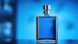 Fototapeta  - Blue perfume bottle on a blue background. Mockup men perfume bottle