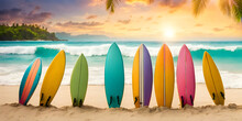 Colorful Surfboards Standing In Tropical Beach Sand With Ocean In The Background.