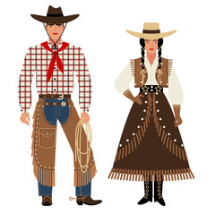 girl and young man in American cowboy folk costume isolated on white background. a couple of young people in national traditional clothes of the Wild West, flat illustration in cartoon style. EPS 10.