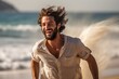 n image of a young, handsome man, embracing the liberating feeling of joy as he runs along the beach, the wind tousling his hair