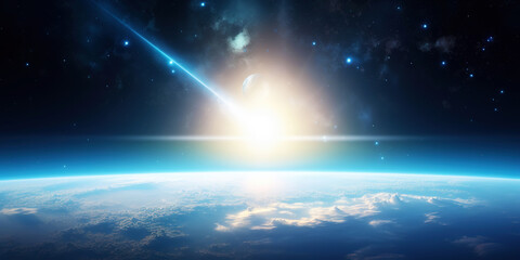 Wall Mural - panoramic view on planet earth globe from space with rising sun. glowing city lights, light clouds. 