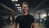 Fototapeta  - Business owner in black t-shirt standing in industrial plant