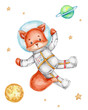 Fox astronaut in the space; watercolor hand drawn illustration