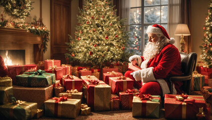 Wall Mural - Festive celebration with Santa Claus placing the gift boxes and tree decoration.