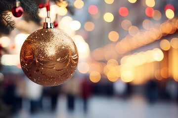 Christmas decorated balls hanging in a shopping street full of lights during December festivity.