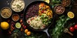 A flat lay display featuring a variety of organic grains and legumes surrounding a well-used cast iron skillet, capturing the essence of vegan feast preparation.