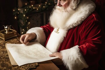 Wall Mural - Close-up portrait of smiling Santa Claus sits at the table and writes a letter to the children, reading letters, against a festive background, Xmas cozy place. Merry Christmas and Happy New Year