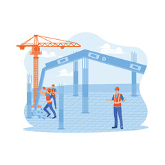 Wall Mural - Civil architect engineers inspect and work on building sites of outdoor structure. Workers are in the process of casting support pillars. Architect and engineer construction concept. 