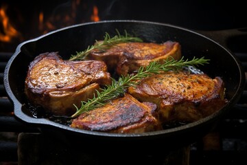 Wall Mural - Sizzling Mastery: Juicy Pork Chops Expertly Cooked in a Cast Iron Pan, a Culinary Symphony of Flavor and Texture