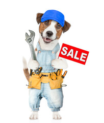 Poster - Funny puppy wearing denim overalls with tool belt holds adjustable wrench shows signboard with labeled 