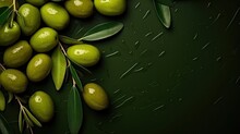 Top View Green Olives With Leaves On Dark Green Background