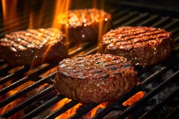 Wall Mural - Steak Beef patties on the Charcoal grill machine.