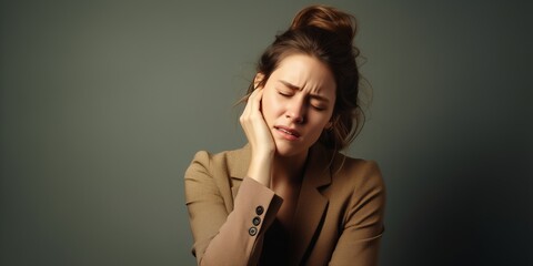 Wall Mural - Portrait of an adult woman suffering from headache or toothache