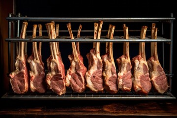 Wall Mural - Top view,Fresh raw lamb leg ready for roasting on wooden board.