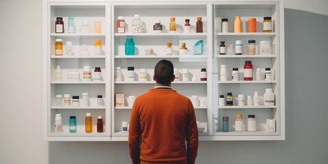 man looking at medicine cabinet for a medicine