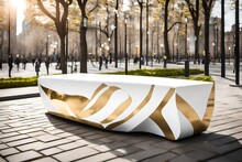 A Sleek Golden And White Bench With Hidden Storage And Smart Features, Positioned In An Urban Park With Abstract, Artistic Sculptures.