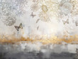 Wallpaper with gold elements. Abstract image, butterflies, bird, flowers. Decorative concrete.