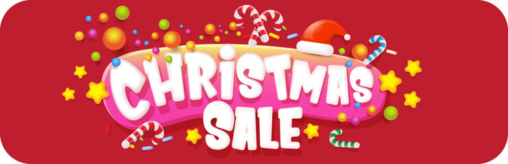 Wall Mural - cartoon christmas sale horizontal banner with lighting stars, candies, lollipops, snow, santa red hat and christmas lights isolated on red background. Cartoon kids style sale label sticker button