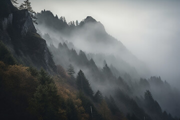 Wall Mural - Foggy scene in the mountain generative AI