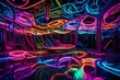 A neon abstract playground, with liquid swings and slides in ever-changing hues