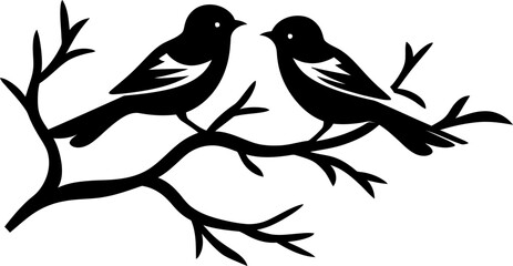 birds on branch tree silhouette in black color. vector template for tattoo or laser cutting.