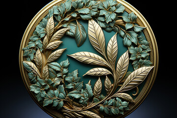 Aufkleber - A photograph of a laurel wreath as part of a design on a medal or coin, commemorating exceptional achievements. 
