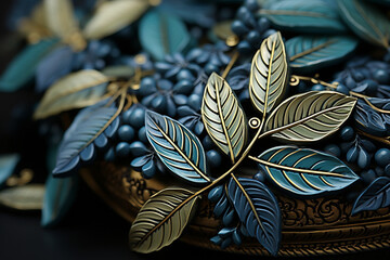 Poster - A close-up of a laurel wreath's leaves, capturing their vibrant green color and the intricate patterns of their arrangement.  