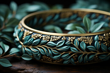 Aufkleber - A close-up of a laurel wreath's leaves, capturing their vibrant green color and the intricate patterns of their arrangement.  