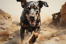 A Dynamic Image Of A Doberman In Mid-run, Showcasing Its Sleek And Powerful Physique As It Moves With Grace And Agility.  