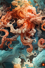 Aufkleber - abstract octopus with soft waves and lines in pastel colors.  Pattern for tiles. 