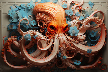 Aufkleber - abstract octopus with soft waves and lines in pastel colors.  