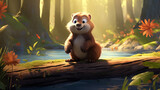 Fototapeta Dziecięca - Adorable Solitary Beaver in the Vibrant Forest: A Heartwarming Kid's Illustration