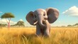 Adorable Elephant Kid in the Vibrant Savannah Landscape: A Captivating Full-Color Illustration - Ideal for Children Books and Wall Art