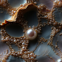 Aufkleber - A close-up of a single pearl glistening within a shell against a black backdrop, emphasizing its purity and luminosity.  Pattern for tiles. 