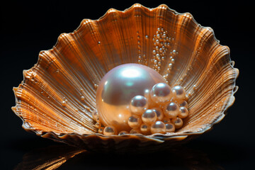 Aufkleber - A close-up of a single pearl glistening within a shell against a black backdrop, emphasizing its purity and luminosity.  
