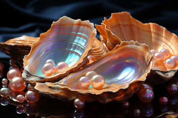 Poster - A close-up photograph capturing the iridescent beauty of pearls nestled within the delicate folds of an open shell, 