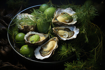 Aufkleber - A close-up of oysters arranged on a bed of seaweed, creating an aesthetic presentation that emphasizes their marine origin. 