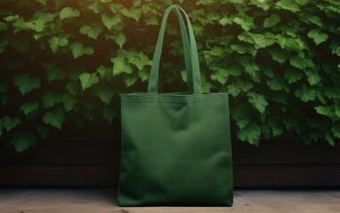 Wall Mural - Fabric tote bag mock up on wooden table on a green tree leaves background