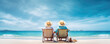 © Milan - retirment happiness, Senior couple sitting on beach chairs on sunny beach. rear view.
