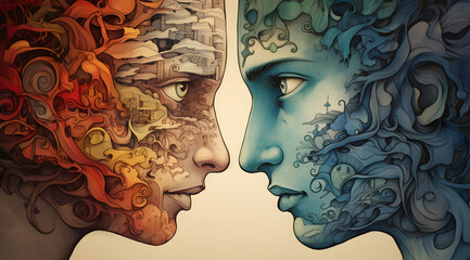 Artistic depiction of bipolar disorder, illustrating the duality of emotional states. 2 Faces facing each other