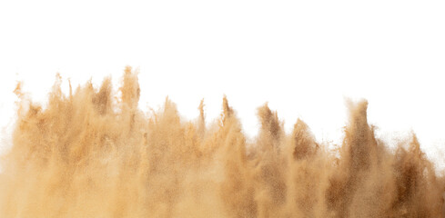 Blur Defocus image of Small Fine Sand flying explosion, Golden grain wave explode blow. Abstract sands cloud. Yellow colored sand splash storm up in Air. White background Isolated freeze