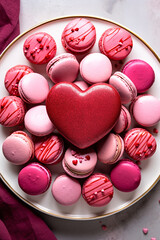 Canvas Print - some pink macarons and hearts are on a white plate