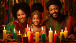 African family celebrating Kwanzaa with traditional candles.