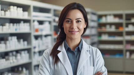 A smiling female pharmacist in a pharmacy looking at the camera.