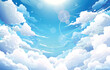 © GraphiStock - Blue sky with clouds. Anime style background with shining sun and white fluffy clouds. Sunny day sky scene cartoon vector illustration. Heavens with bright weather, summer season outdoor