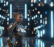 Black woman cyborg in neon lights of data flow