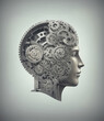 Human head profile with cogs and gears of brain