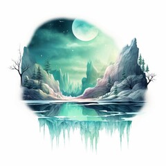 Canvas Print - landscape with moon and tree, ice sculpture, winter landscape, postcard prints