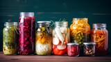 Fototapeta  - A vibrant collection of assorted fermented foods displayed in clear glass jars, featuring a colorful array of textures and hues from vegetables and fruits, symbolizing healthy probiotic rich cuisine.