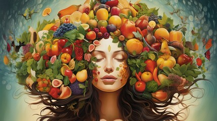 Wall Mural - A serene woman surrounded by a vibrant array of fresh fruits artistically arranged to represent a halo, symbolizing a holistic approach to health and wellbeing.